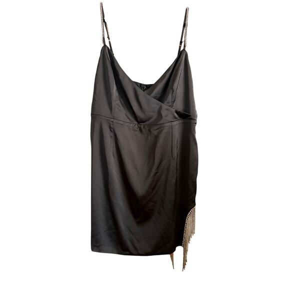 FASHION NOVA Black Augustine Satin Surplice Mini Dress with Jewel Fringe 2XL - Picture 2 of 9